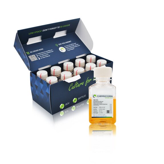 FBS Xtra, Fetal Bovine Serum (FBS Minis), hitzeinaktiviert, gesammelt in Südamerika – Packung mit 10×50 ml-Flaschen, zusätzliche Flasche nur zu Illustrationszwecken dargestellt
