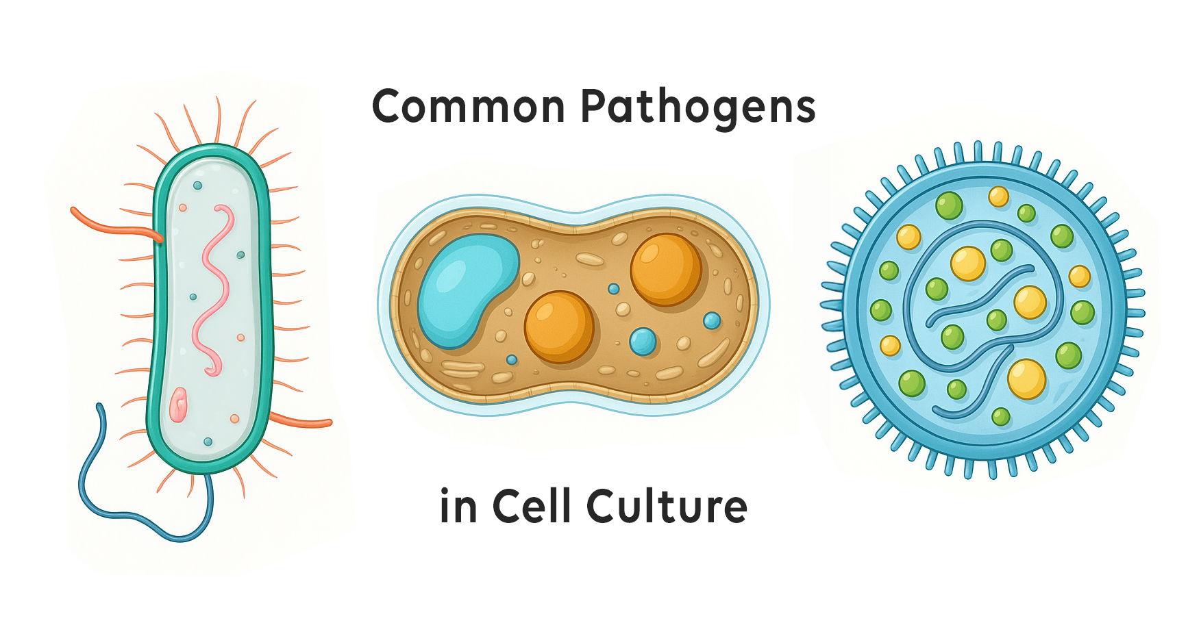 Illustrierte Darstellung häufiger Zellkultur-Kontaminanten: Bakterium, Pilzzelle und Mykoplasma, in vereinfachter biologischer Detaildarstellung auf weißem Hintergrund.