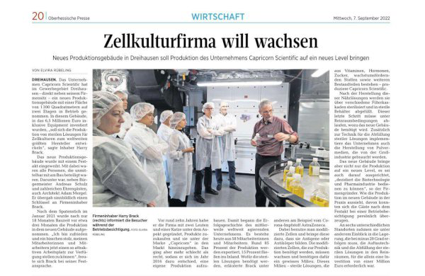 "Cell culture company wants to grow" | Capricorn Scientific in the Hessian Newspaper (DE), September 2022